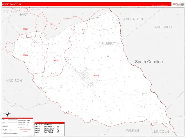 Elbert County, GA ZIP Code Wall Map, RedLine style