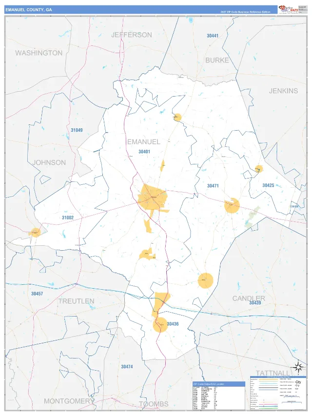 Emanuel County, GA ZIP Code Wall Map, Business Reference style