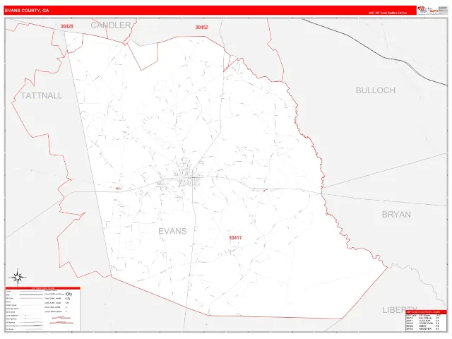 Evans County, GA ZIP Code Wall Map, RedLine style