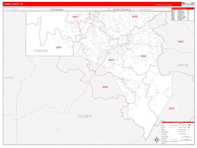 Fannin County, GA ZIP Code Wall Map, RedLine style