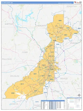 Fulton County, GA Business Reference style ZIP Code wall map
