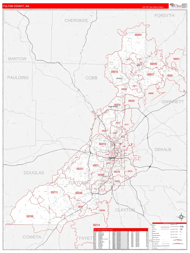 Fulton County, GA ZIP Code Wall Map, RedLine style
