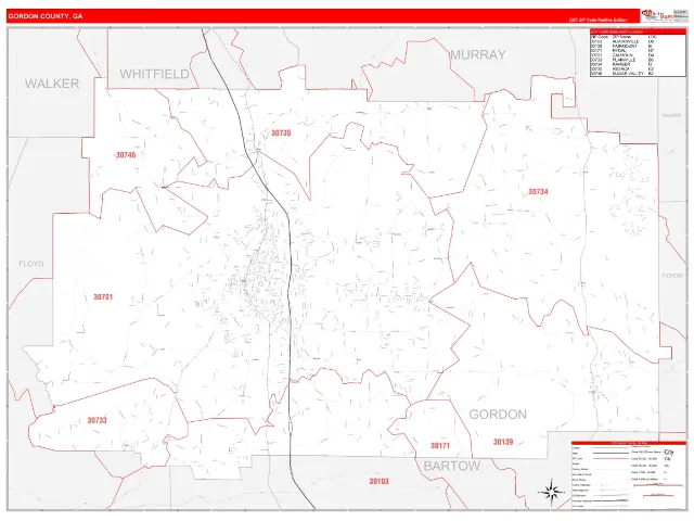 Gordon County, GA ZIP Code Wall Map, RedLine style