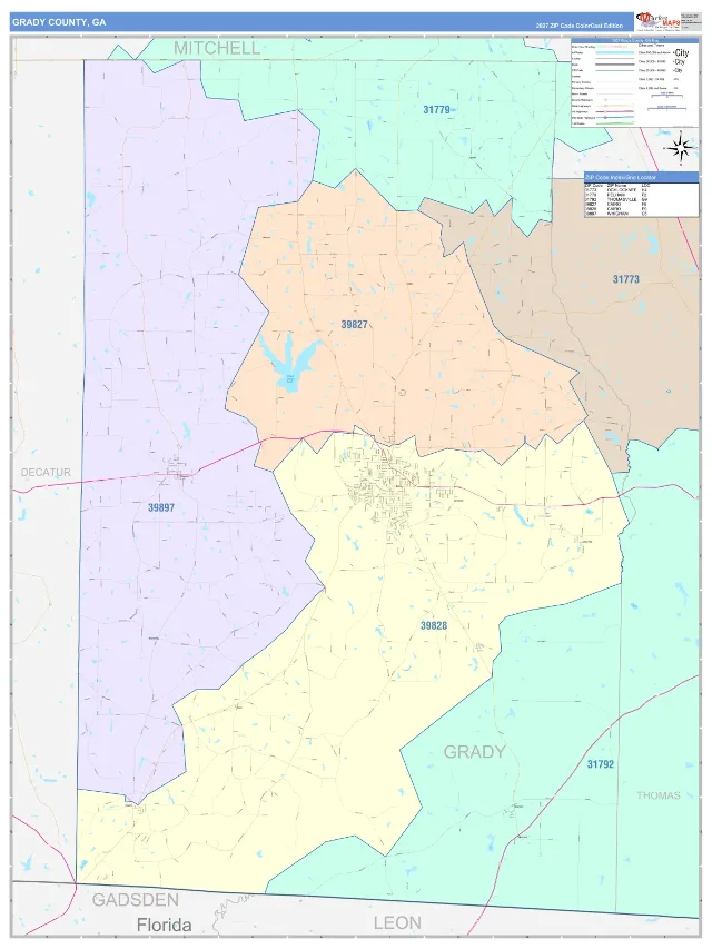 Grady County, GA ZIP Code Wall Map, ColorCast style
