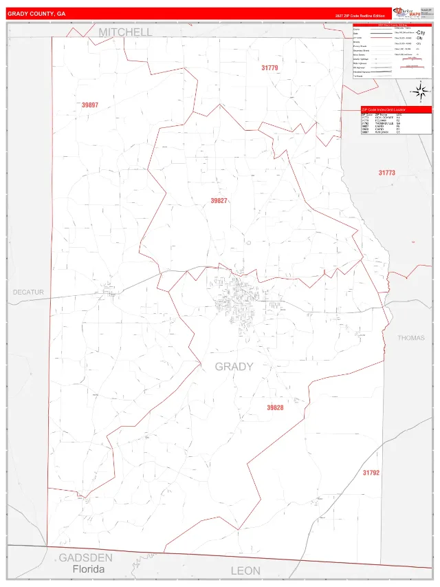Grady County, GA ZIP Code Wall Map, RedLine style