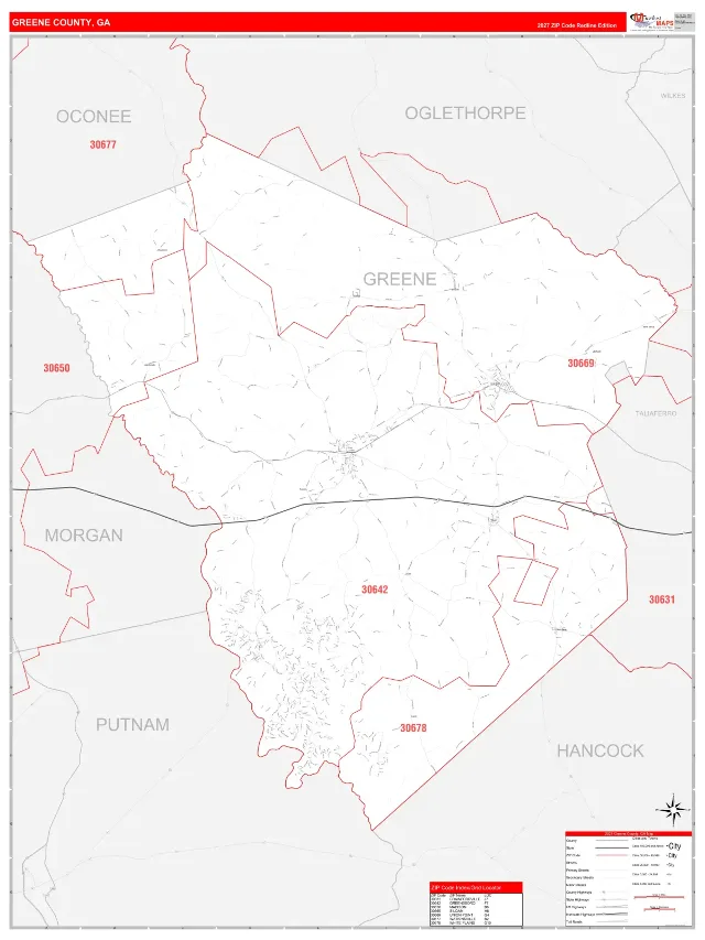 Greene County, GA ZIP Code Wall Map, RedLine style