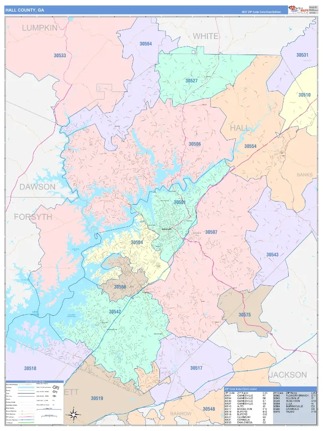 Hall County, GA ZIP Code Wall Map, ColorCast style