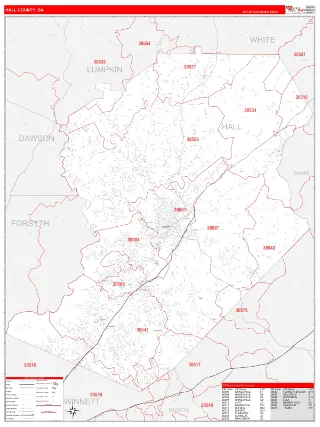 Hall County, GA RedLine style ZIP Code wall map