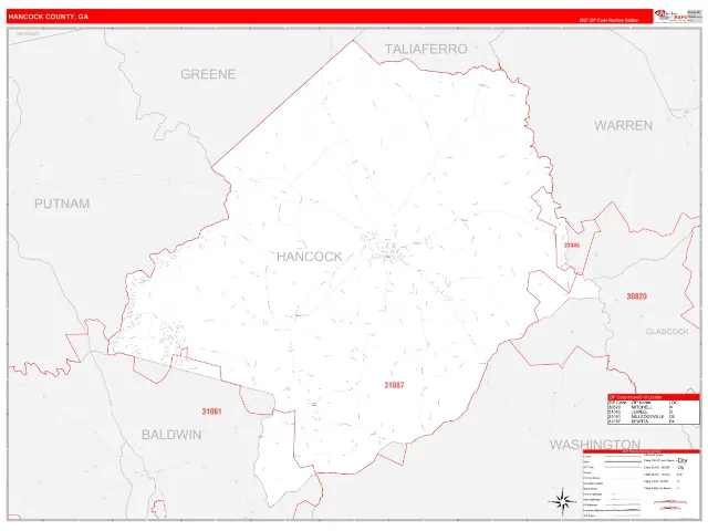 Hancock County, GA ZIP Code Wall Map, RedLine style