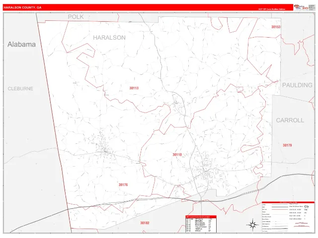 Haralson County, GA ZIP Code Wall Map, RedLine style