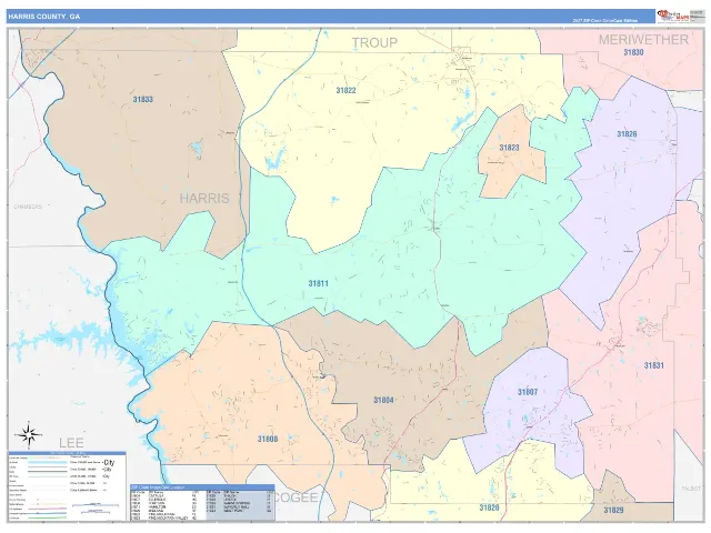 Harris County, GA ZIP Code Wall Map, ColorCast style
