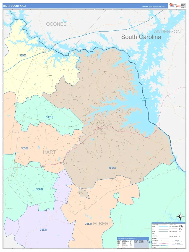 Hart County, GA ZIP Code Wall Map, ColorCast style