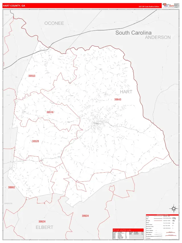 Hart County, GA ZIP Code Wall Map, RedLine style