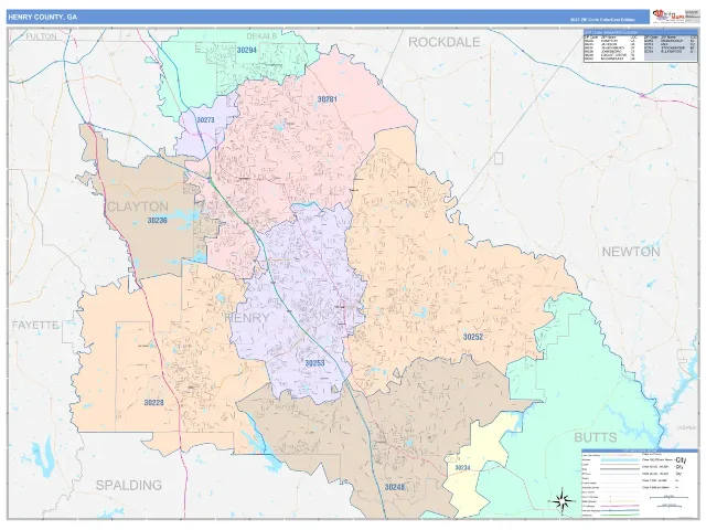 Henry County, GA ZIP Code Wall Map, ColorCast style