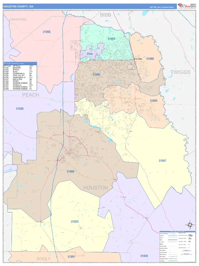 Houston County, GA ZIP Code Wall Map, ColorCast style