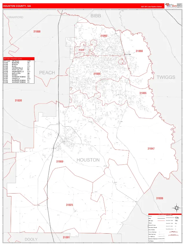 Houston County, GA ZIP Code Wall Map, RedLine style