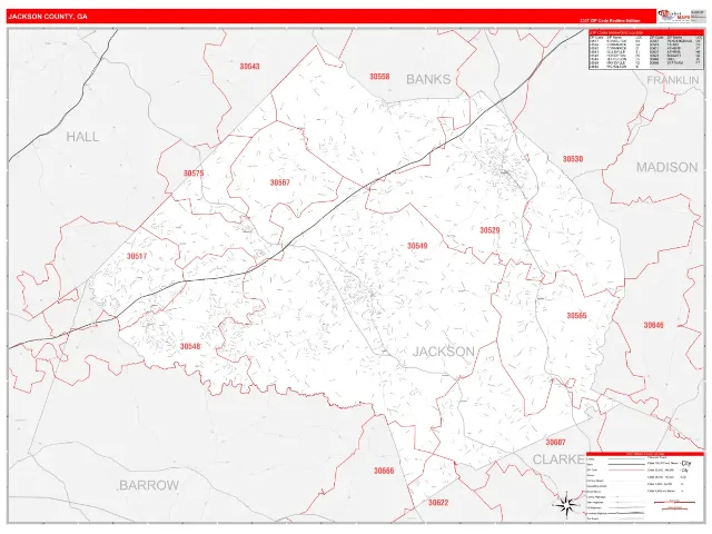 Jackson County, GA ZIP Code Wall Map, RedLine style