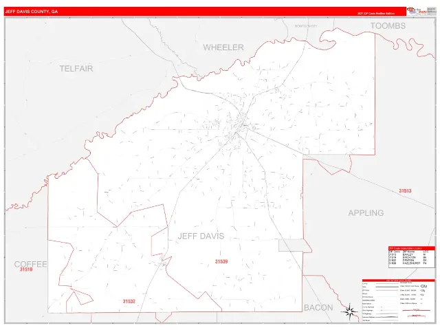 Jeff Davis County, GA ZIP Code Wall Map, RedLine style