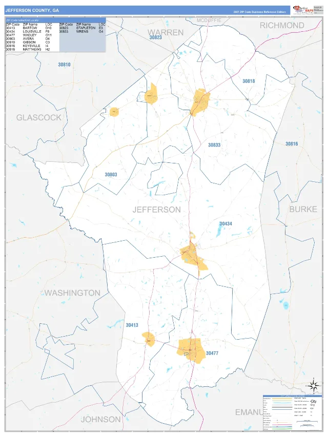 Jefferson County, GA ZIP Code Wall Map, Business Reference style