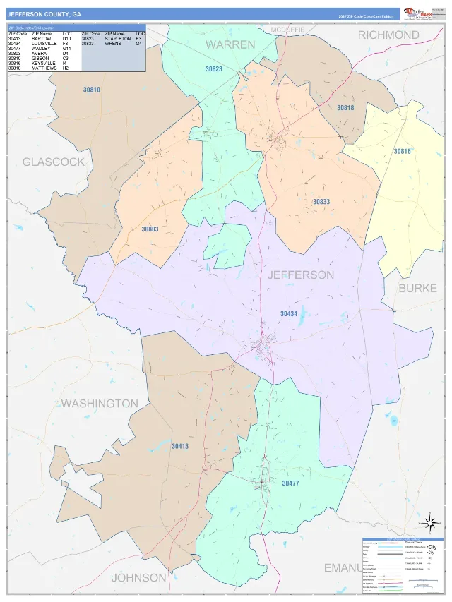 Jefferson County, GA ZIP Code Wall Map, ColorCast style