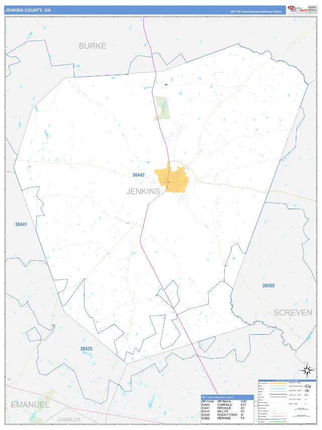 Jenkins County, GA ZIP Code Wall Map, Business Reference style