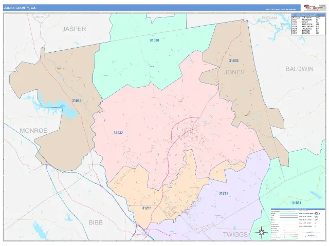 Jones County, GA ZIP Code Wall Map, ColorCast style