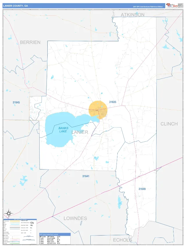 Lanier County, GA ZIP Code Wall Map, Business Reference style