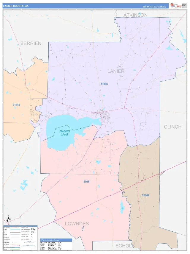 Lanier County, GA ZIP Code Wall Map, ColorCast style