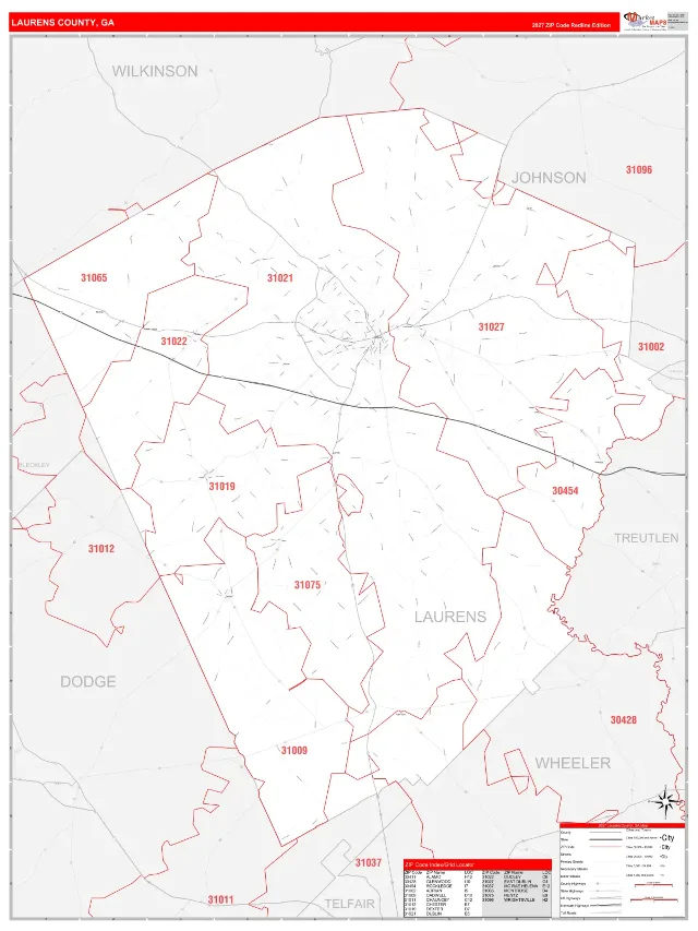 Laurens County, GA ZIP Code Wall Map, RedLine style