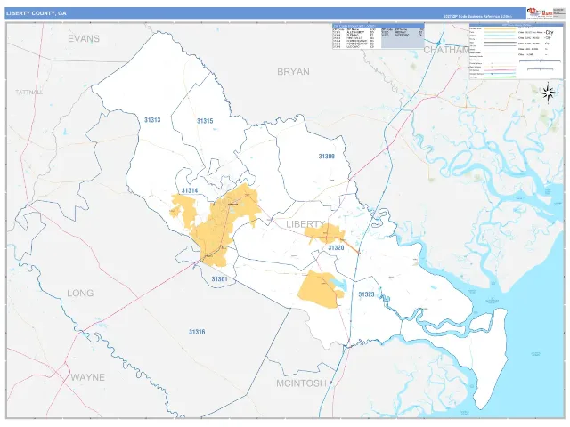 Liberty County, GA ZIP Code Wall Map, Business Reference style