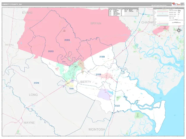 Liberty County, GA ZIP Code Wall Map, Classic style