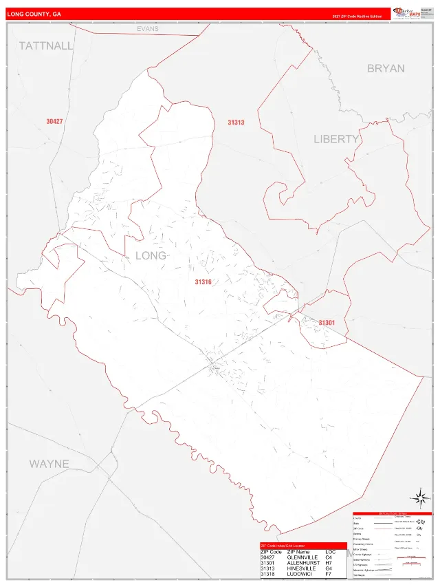 Long County, GA ZIP Code Wall Map, RedLine style
