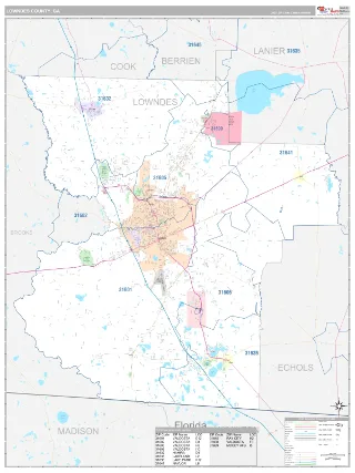 Lowndes County, GA Classic style ZIP Code wall map