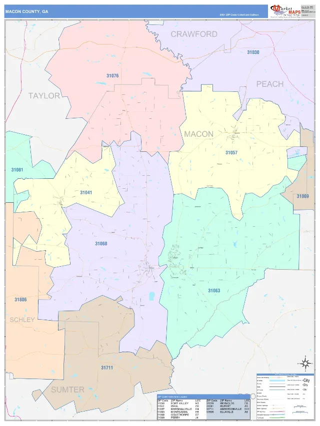 Macon County, GA ZIP Code Wall Map, ColorCast style
