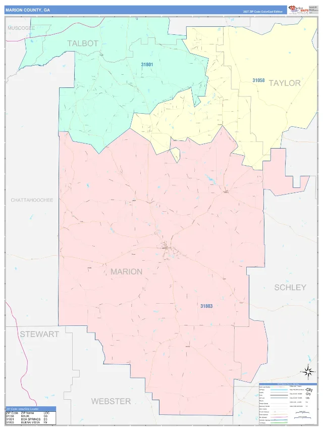 Marion County, GA ZIP Code Wall Map, ColorCast style