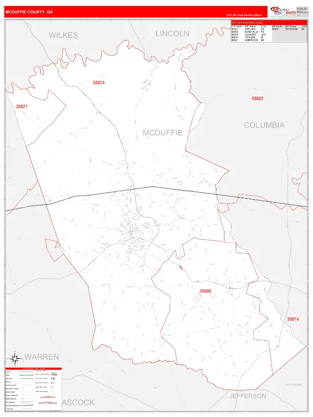 McDuffie County, GA ZIP Code Wall Map, RedLine style