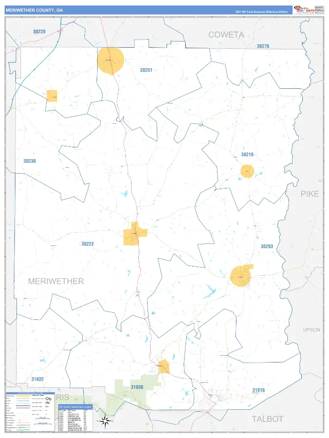 Meriwether County, GA ZIP Code Wall Map, Business Reference style