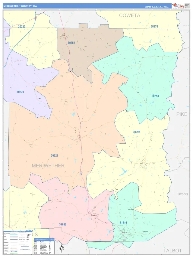 Meriwether County, GA ZIP Code Wall Map, ColorCast style