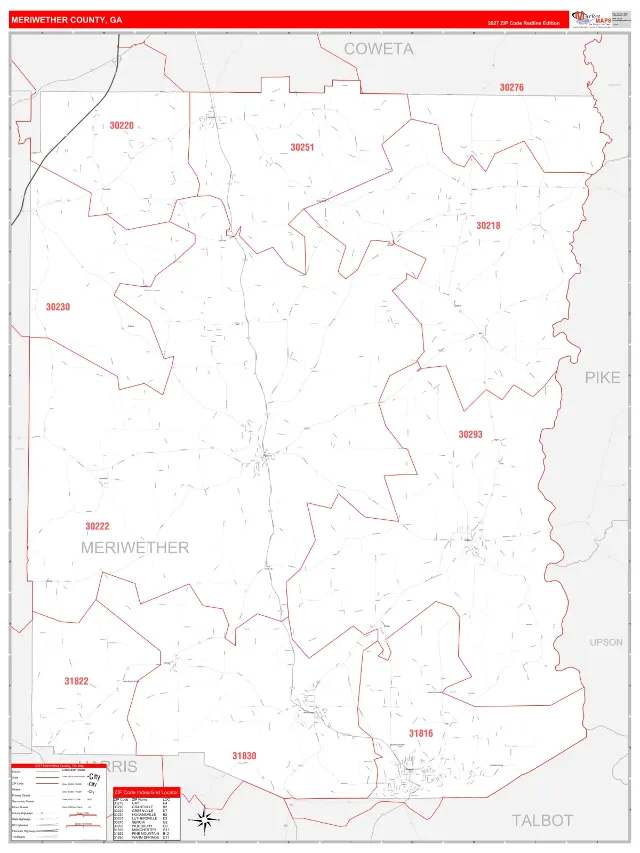 Meriwether County, GA ZIP Code Wall Map, RedLine style