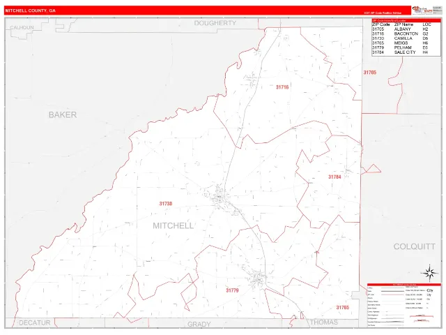 Mitchell County, GA ZIP Code Wall Map, RedLine style