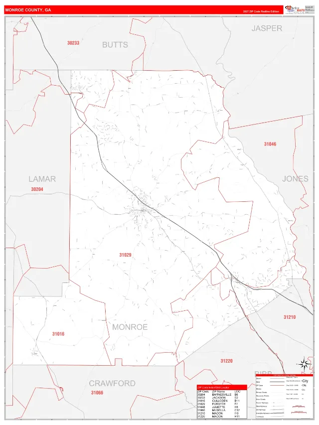 Monroe County, GA ZIP Code Wall Map, RedLine style