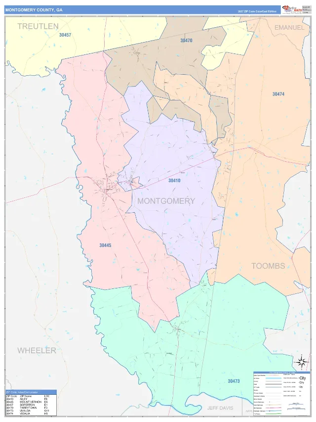 Montgomery County, GA ZIP Code Wall Map, ColorCast style