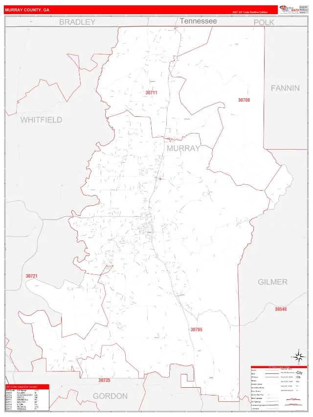 Murray County, GA ZIP Code Wall Map, RedLine style