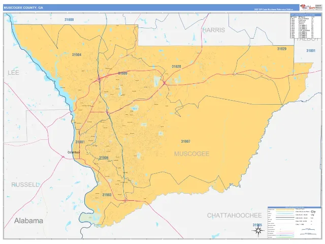 Muscogee County, GA ZIP Code Wall Map, Business Reference style