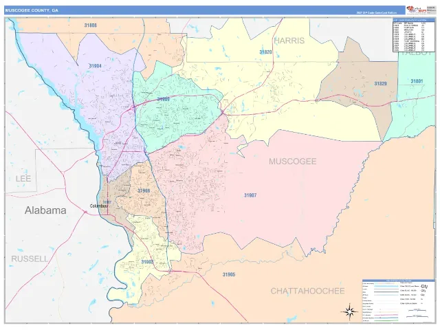 Muscogee County, GA ZIP Code Wall Map, ColorCast style