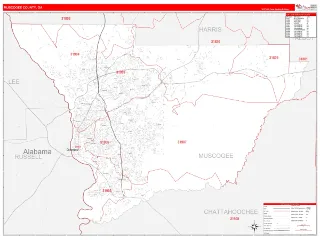 Muscogee County, GA RedLine style ZIP Code wall map