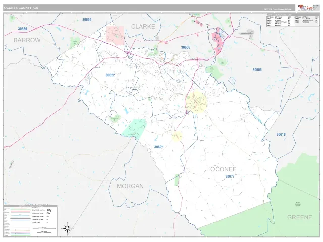 Oconee County, GA ZIP Code Wall Map, Classic style