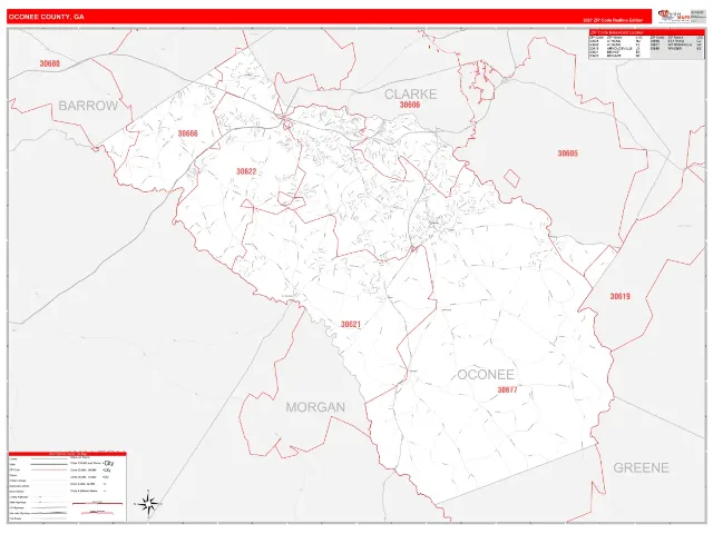 Oconee County, GA ZIP Code Wall Map, RedLine style