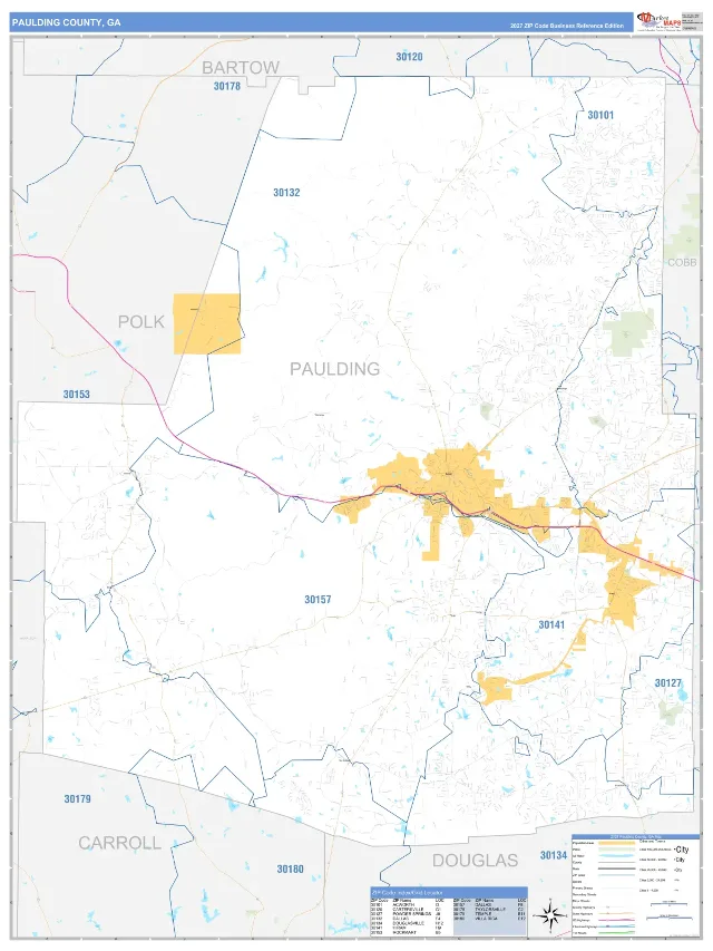 Paulding County, GA ZIP Code Wall Map, Business Reference style