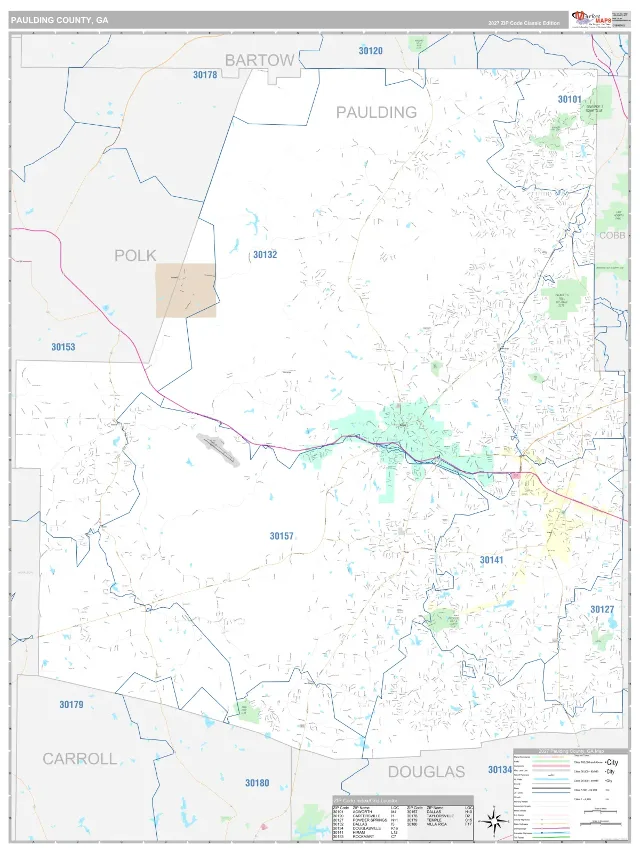 Paulding County, GA ZIP Code Wall Map, Classic style